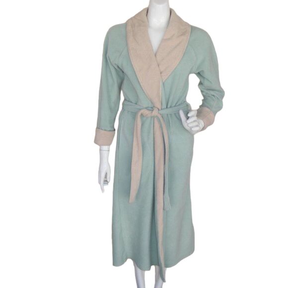STAN HERMAN Fleece Robe, S, Green/Beige, Pockets, Wrap Front, Sash/Belt - Picture 1 of 9